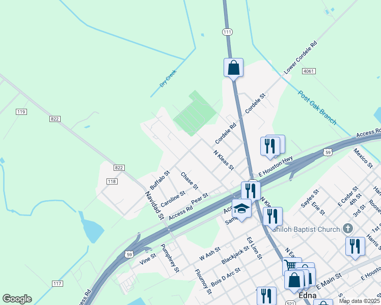 map of restaurants, bars, coffee shops, grocery stores, and more near 1202 North East Street in Edna