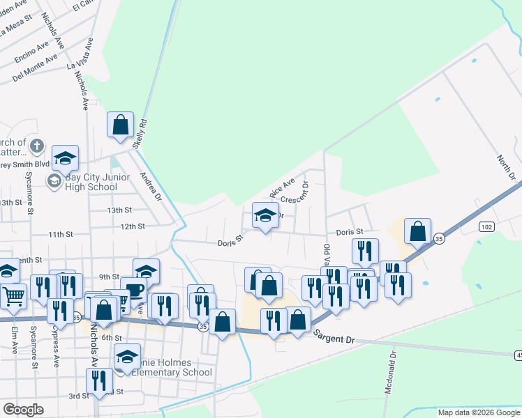 map of restaurants, bars, coffee shops, grocery stores, and more near 3917 Aggie Drive in Bay City