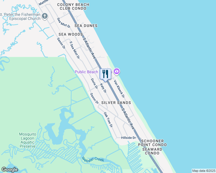 map of restaurants, bars, coffee shops, grocery stores, and more near 4604 South Atlantic Avenue in New Smyrna Beach