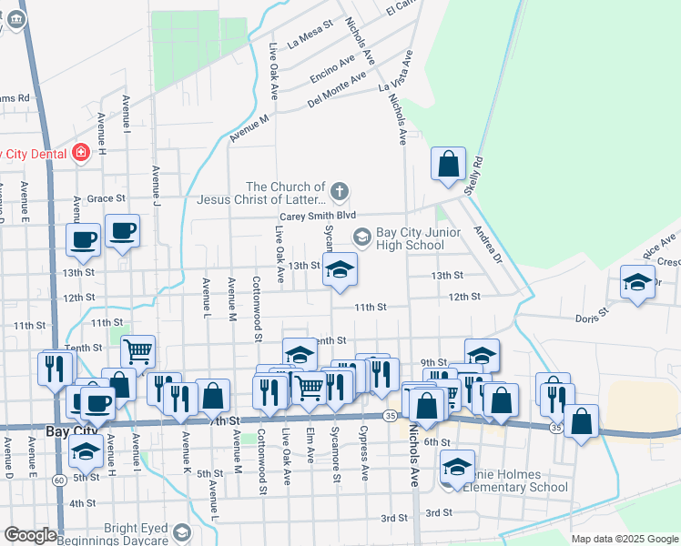 map of restaurants, bars, coffee shops, grocery stores, and more near 1507 Sycamore Avenue in Bay City