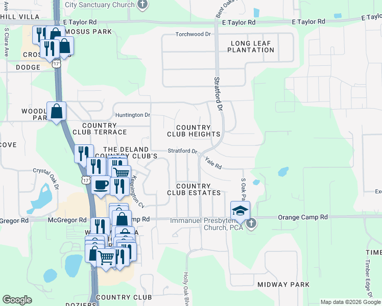 map of restaurants, bars, coffee shops, grocery stores, and more near 2320 Princeton Road in DeLand