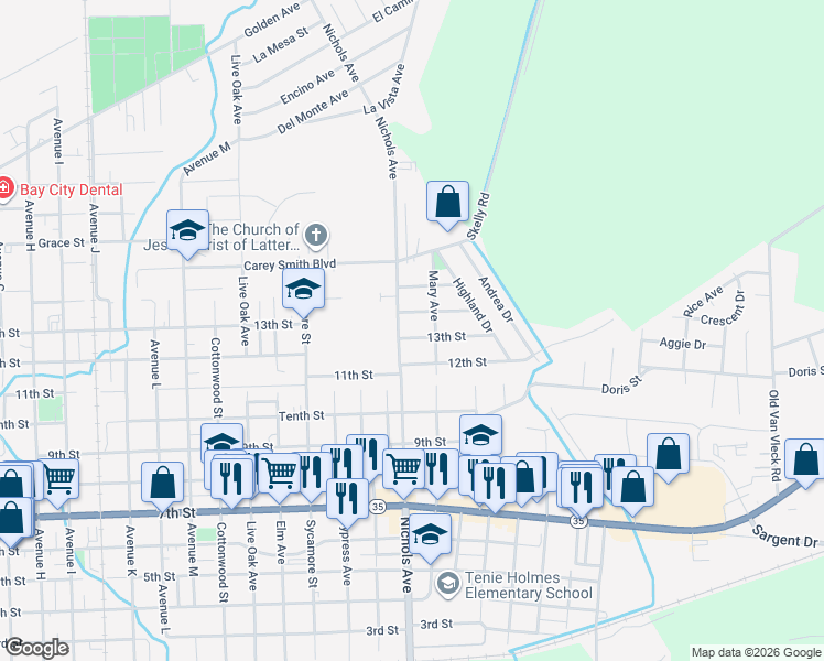 map of restaurants, bars, coffee shops, grocery stores, and more near 3100 13th Street in Bay City