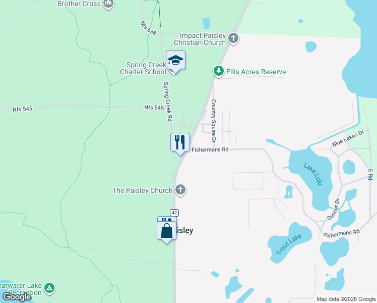 map of restaurants, bars, coffee shops, grocery stores, and more near 25031 County Road 42 in Paisley