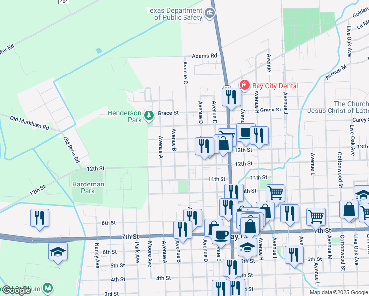 map of restaurants, bars, coffee shops, grocery stores, and more near 1501 Avenue B in Bay City