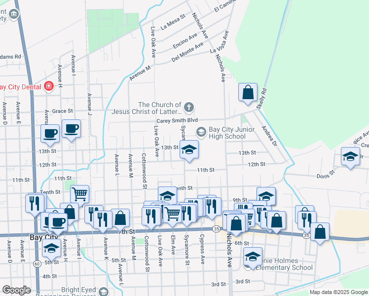 map of restaurants, bars, coffee shops, grocery stores, and more near 1507 Sycamore Avenue in Bay City
