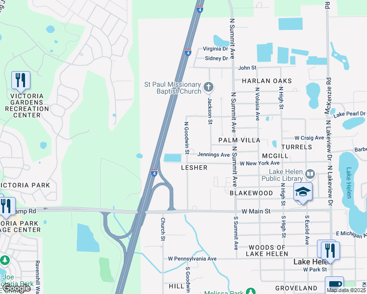 map of restaurants, bars, coffee shops, grocery stores, and more near 693 Jennings Avenue in Lake Helen