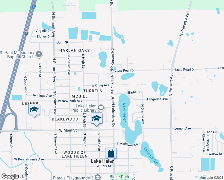 map of restaurants, bars, coffee shops, grocery stores, and more near 356 North Lakeview Drive in Lake Helen