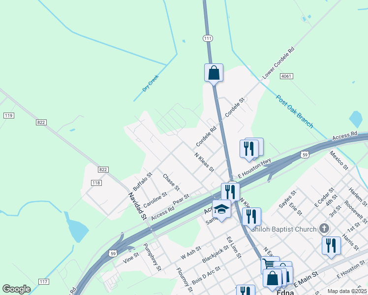 map of restaurants, bars, coffee shops, grocery stores, and more near 1202 North East Street in Edna