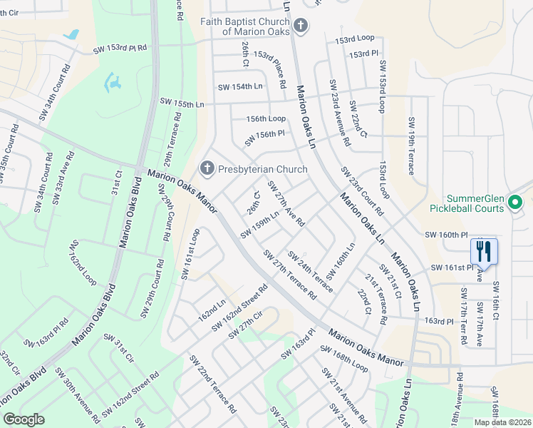 map of restaurants, bars, coffee shops, grocery stores, and more near 15845 26th Court in Ocala