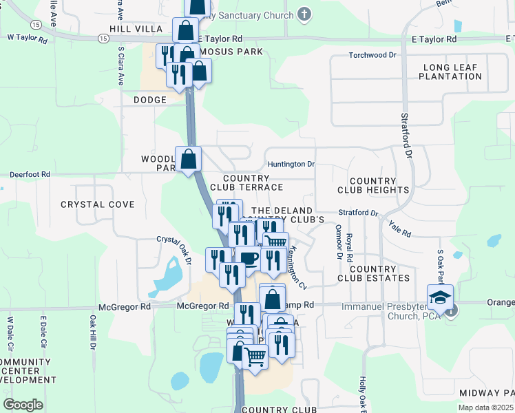 map of restaurants, bars, coffee shops, grocery stores, and more near 2299 Country Club Road in DeLand