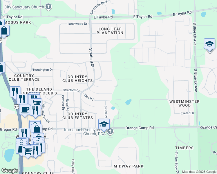 map of restaurants, bars, coffee shops, grocery stores, and more near 864 Hanover Road in DeLand