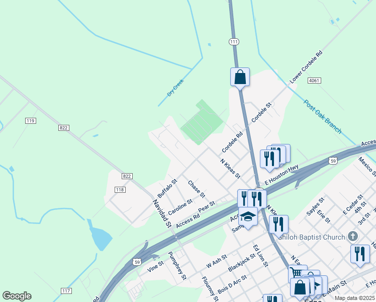 map of restaurants, bars, coffee shops, grocery stores, and more near 1402 North East Street in Edna