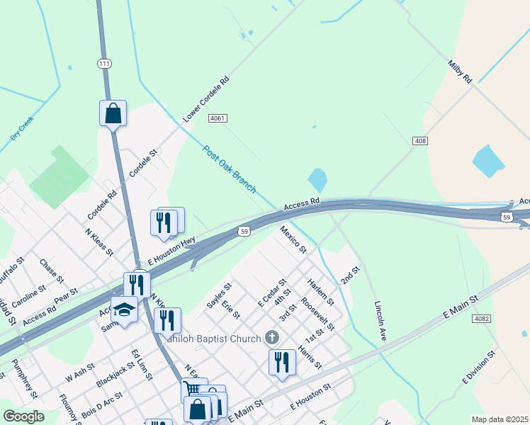 map of restaurants, bars, coffee shops, grocery stores, and more near 906 Mexico Street in Edna