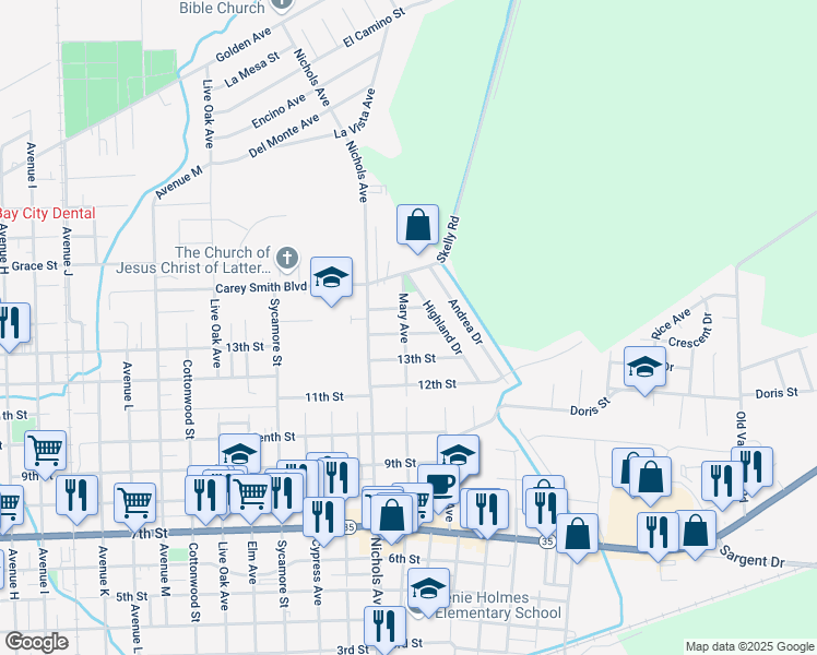 map of restaurants, bars, coffee shops, grocery stores, and more near 320 14th Street in Bay City