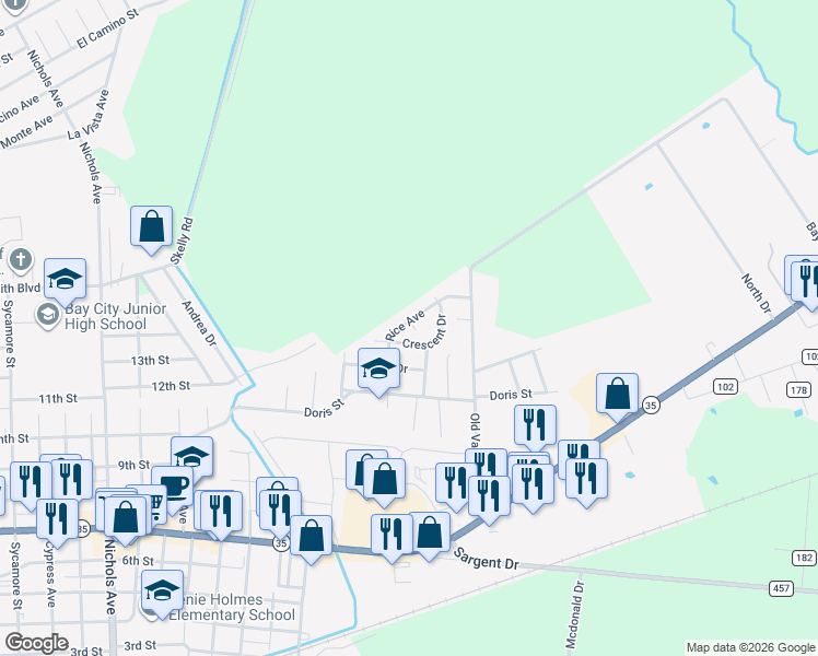 map of restaurants, bars, coffee shops, grocery stores, and more near 4012 Rice Avenue in Bay City