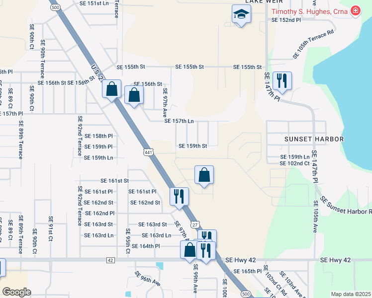 map of restaurants, bars, coffee shops, grocery stores, and more near 9830 Southeast 159th Street in Summerfield