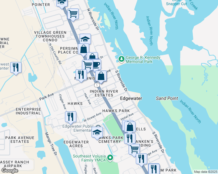 map of restaurants, bars, coffee shops, grocery stores, and more near 116 East Palm Way in Edgewater