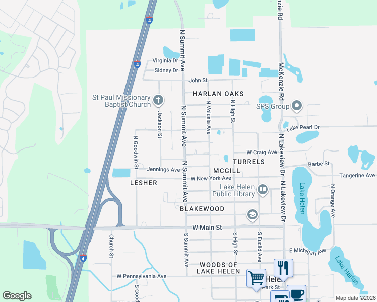 map of restaurants, bars, coffee shops, grocery stores, and more near 492 West Craig Avenue in Lake Helen