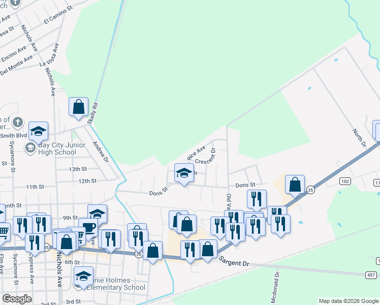 map of restaurants, bars, coffee shops, grocery stores, and more near 4012 Rice Avenue in Bay City