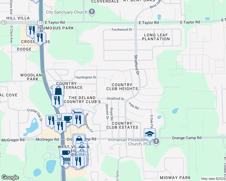 map of restaurants, bars, coffee shops, grocery stores, and more near 2090 Penn Drive in DeLand