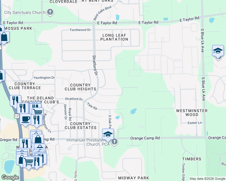 map of restaurants, bars, coffee shops, grocery stores, and more near 864 Hanover Road in DeLand