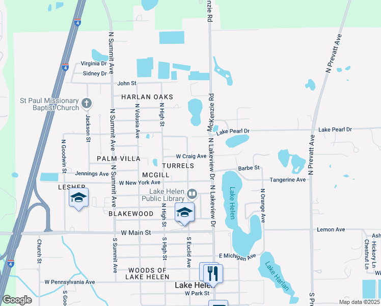 map of restaurants, bars, coffee shops, grocery stores, and more near 194 West Craig Avenue in Lake Helen