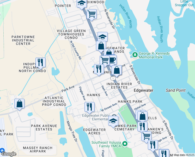 map of restaurants, bars, coffee shops, grocery stores, and more near 132 West Park Avenue in Edgewater
