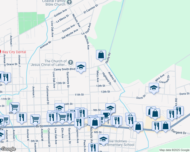 map of restaurants, bars, coffee shops, grocery stores, and more near 320 14th Street in Bay City