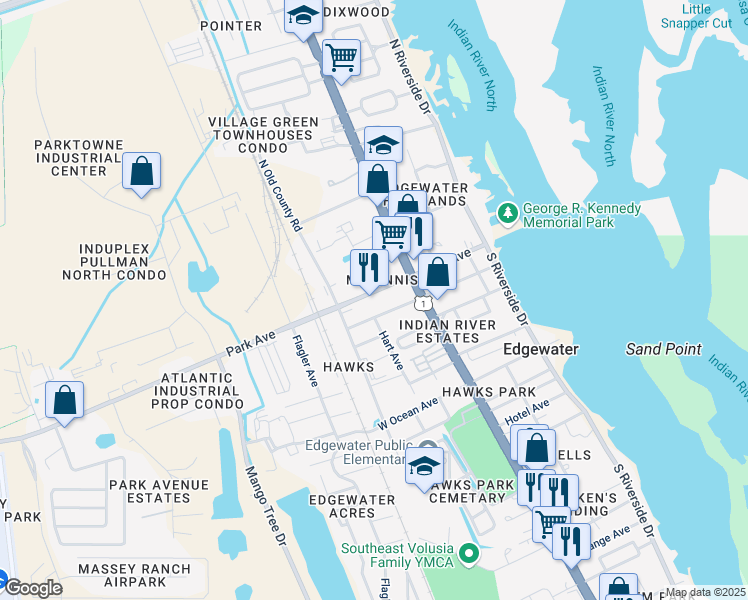 map of restaurants, bars, coffee shops, grocery stores, and more near 132 West Park Avenue in Edgewater