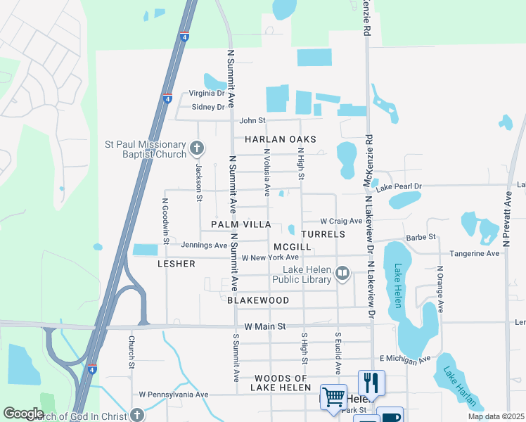 map of restaurants, bars, coffee shops, grocery stores, and more near 416 North Volusia Avenue in Lake Helen