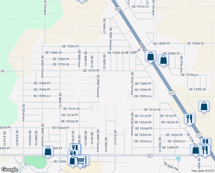 map of restaurants, bars, coffee shops, grocery stores, and more near 15855 Southeast 90th Court in Summerfield