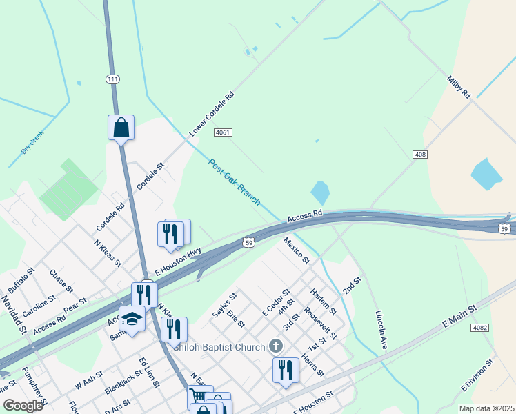map of restaurants, bars, coffee shops, grocery stores, and more near 906-1018 Mexico Street in Edna