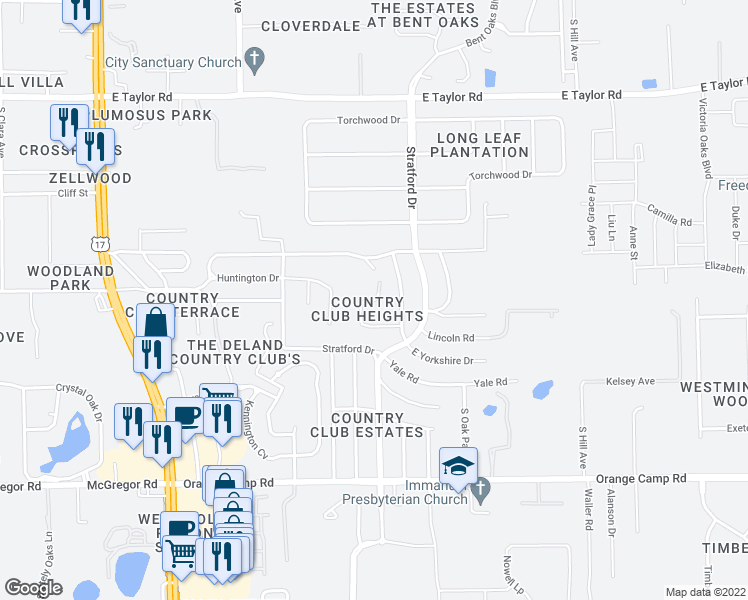 map of restaurants, bars, coffee shops, grocery stores, and more near 2056 Pennsylvania Drive in DeLand