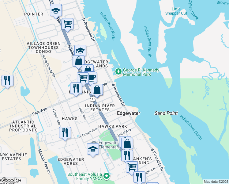 map of restaurants, bars, coffee shops, grocery stores, and more near 202 South Riverside Drive in Edgewater
