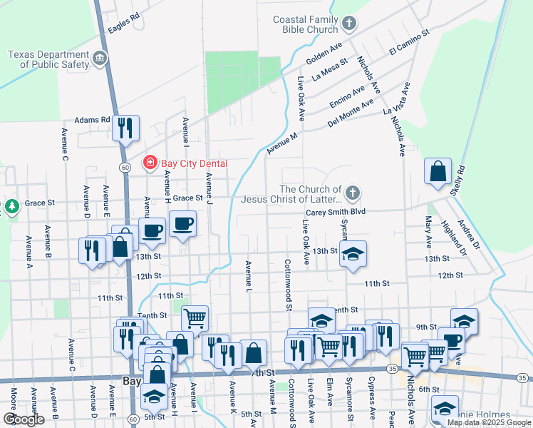 map of restaurants, bars, coffee shops, grocery stores, and more near 2417 Carey Smith Boulevard in Bay City