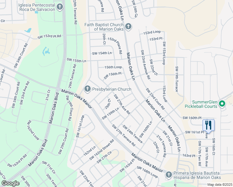 map of restaurants, bars, coffee shops, grocery stores, and more near 15843 Southwest 27th Avenue Road in Ocala