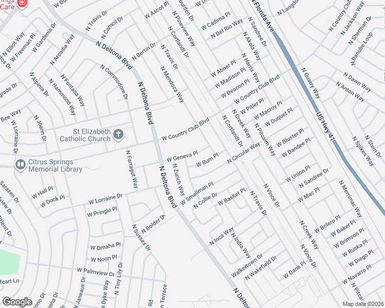 map of restaurants, bars, coffee shops, grocery stores, and more near 1019 West Geneva Place in Citrus Springs