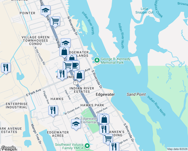 map of restaurants, bars, coffee shops, grocery stores, and more near 202 South Riverside Drive in Edgewater
