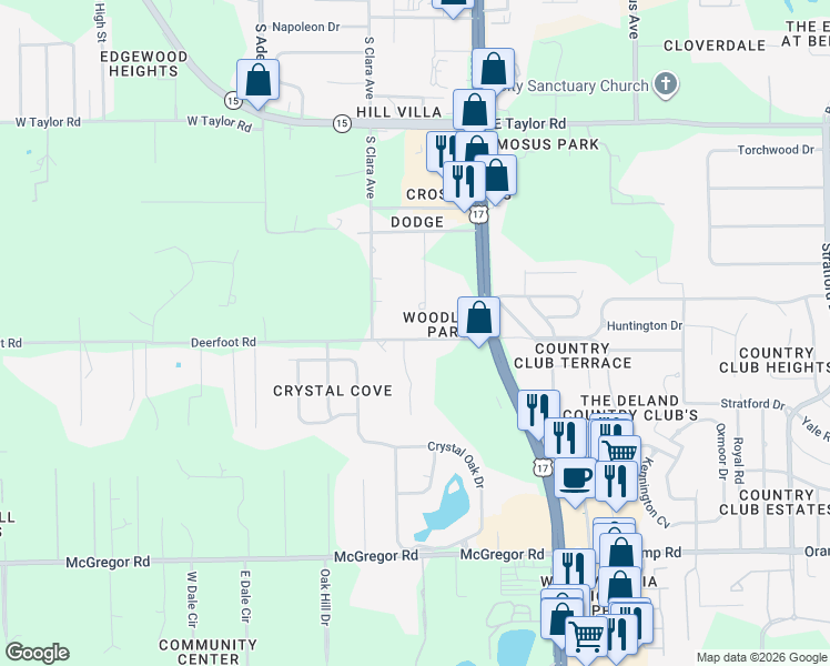 map of restaurants, bars, coffee shops, grocery stores, and more near 240 Deerfoot Road in DeLand