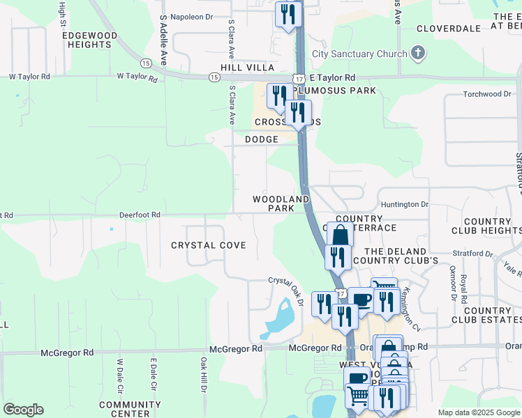 map of restaurants, bars, coffee shops, grocery stores, and more near 240 Deerfoot Road in DeLand