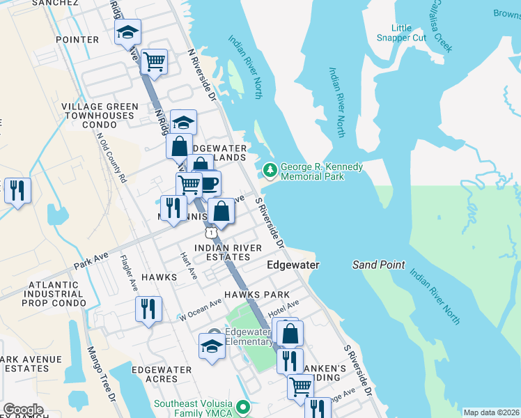 map of restaurants, bars, coffee shops, grocery stores, and more near 202 South Riverside Drive in Edgewater