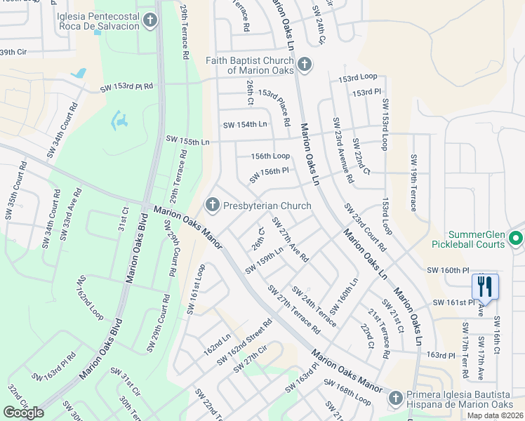 map of restaurants, bars, coffee shops, grocery stores, and more near 15843 Southwest 27th Avenue Road in Ocala