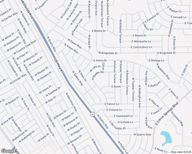 map of restaurants, bars, coffee shops, grocery stores, and more near 8751 North Malibu Road in Citrus Springs
