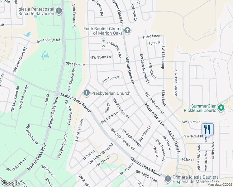map of restaurants, bars, coffee shops, grocery stores, and more near 15843 Southwest 27th Avenue Road in Ocala