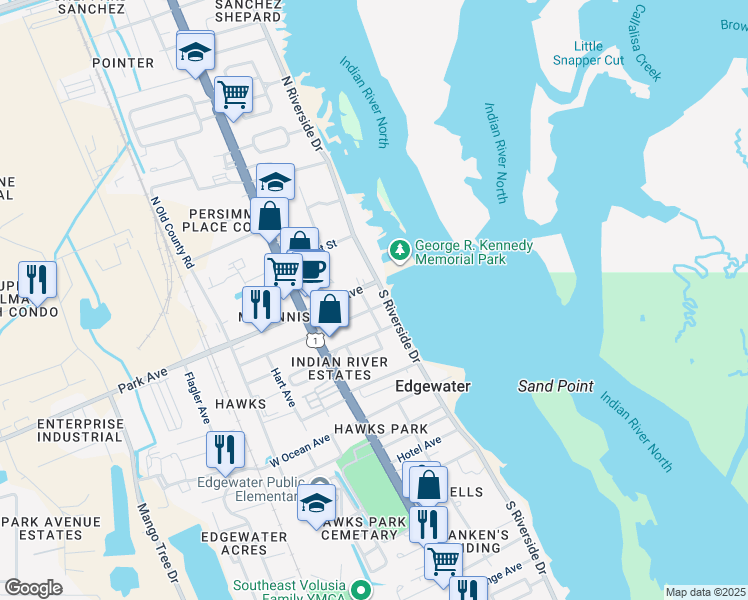 map of restaurants, bars, coffee shops, grocery stores, and more near 109 South Park Place in Edgewater