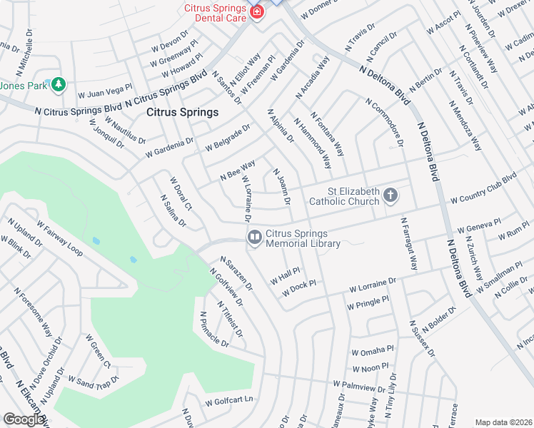 map of restaurants, bars, coffee shops, grocery stores, and more near 1836 West Water Lily Drive in Citrus Springs