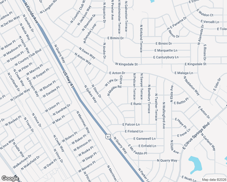 map of restaurants, bars, coffee shops, grocery stores, and more near 8751 North Malibu Road in Citrus Springs