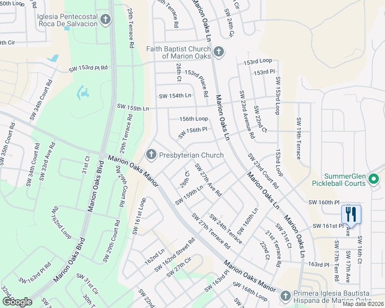 map of restaurants, bars, coffee shops, grocery stores, and more near 15843 Southwest 27th Avenue Road in Ocala