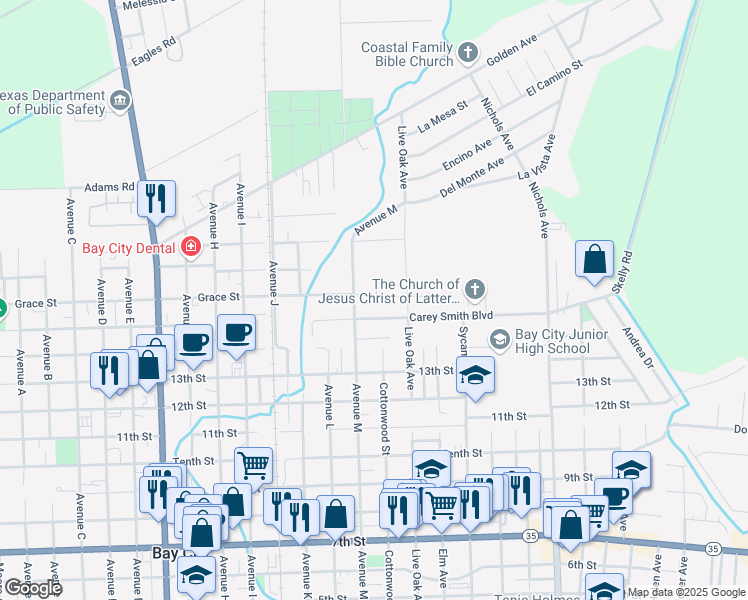 map of restaurants, bars, coffee shops, grocery stores, and more near 2417 Carey Smith Boulevard in Bay City
