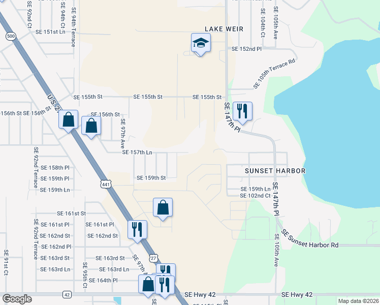 map of restaurants, bars, coffee shops, grocery stores, and more near 10011 Southeast 157th Lane in Summerfield
